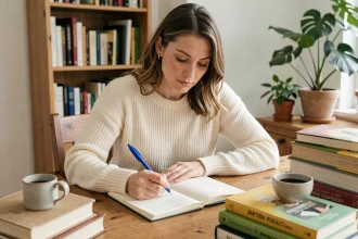Femme concentrée en train d'écrire dans un cahier à son bureau en bois, illustrant la réflexion sur l'orthographe correcte en français