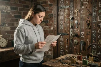 Jeune femme concentrée devant une porte verrouillée avec des cadenas et symboles dans une salle d'escape game