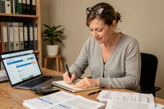 Femme concentrée gérant sa mensualisation d'impôts à son bureau avec des documents fiscaux et un ordinateur portable
