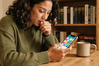 Femme jouant à un jeu de mots sur smartphone assis à un bureau en bois entouré de livres de vocabulaire
