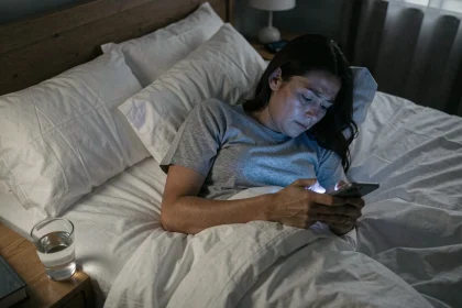Femme fatiguée dans son lit la nuit qui consulte son smartphone, visage exposé à la lumière bleue de l'écran perturbant le sommeil