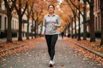 Femme de 40 ans marchant d'un pas vif sur un sentier urbain bordé d'arbres en automne, illustrant les bienfaits de la marche quotidienne pour la santé cardiaque