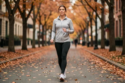 Femme de 40 ans marchant d'un pas vif sur un sentier urbain bordé d'arbres en automne, illustrant les bienfaits de la marche quotidienne pour la santé cardiaque