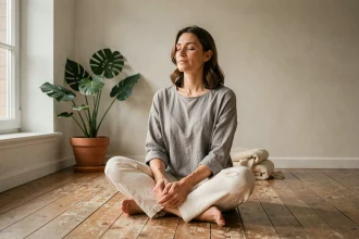 Femme pratiquant la méditation assise en tailleur dans un salon minimaliste aux tons neutres