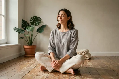 Femme pratiquant la méditation assise en tailleur dans un salon minimaliste aux tons neutres