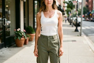 Jeune femme en pantalon cargo vert olive porté au quotidien dans un décor urbain