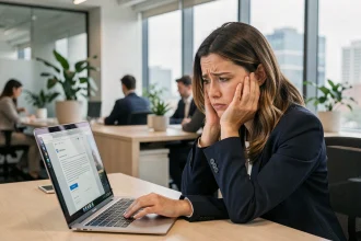 Femme perplexe devant son ordinateur portable en train de lire un email professionnel mal rédigé dans un open space moderne