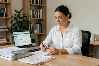 Femme qui prépare son dossier de crédit immobilier à son bureau avec des documents bancaires et un ordinateur portable