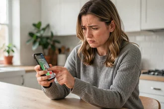 Femme refusant un appel téléphonique indésirable sur son smartphone dans une cuisine moderne