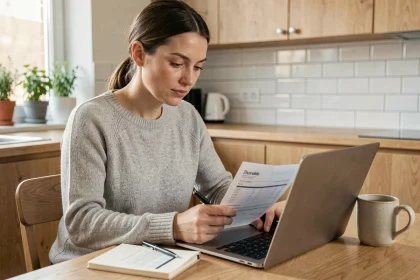 Femme consultant ses relevés bancaires sur un ordinateur portable dans une cuisine moderne pour réduire ses frais bancaires