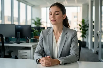 Femme en entreprise pratiquant un exercice de respiration profonde à son bureau pour gérer le stress au travail