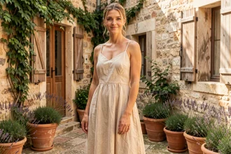 Femme élégante en robe mi-longue en lin naturel écru dans une cour provençale en pierre, tenue estivale raffinée
