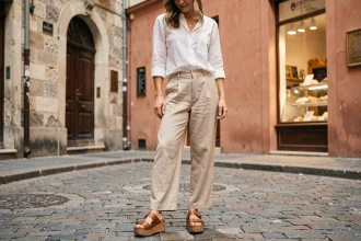 Femme portant des sandales plateformes en liège et des pantalons en lin beige sur une rue pavée européenne