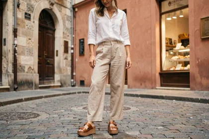 Femme portant des sandales plateformes en liège et des pantalons en lin beige sur une rue pavée européenne