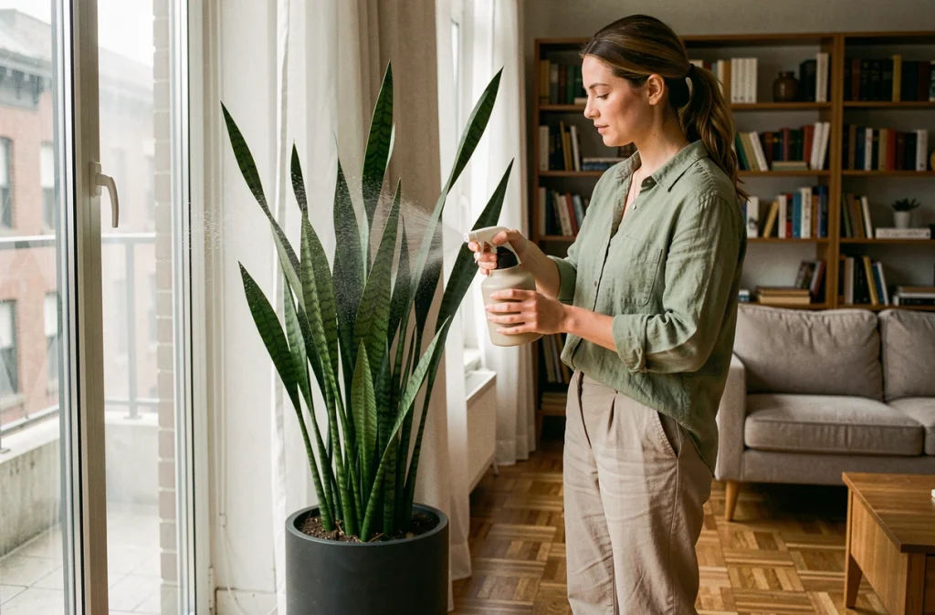 Femme arrosant un grand sansevieria dans un appartement urbain moderne pour purifier l'air intérieur