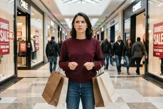 Femme faisant ses courses pendant le Black Friday 2026 dans un centre commercial français avec des sacs shopping