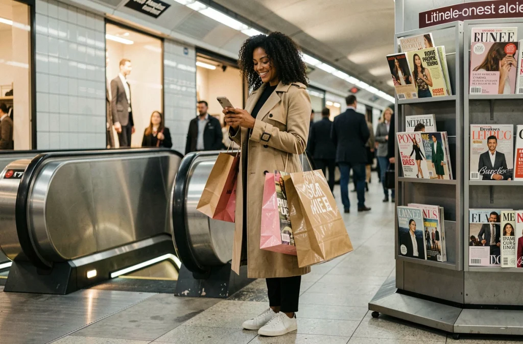 Femme parisienne avec des sacs de shopping sortant d'une station de métro ligne 14 à Paris