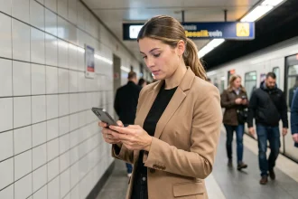 Femme utilisant un smartphone pliable dans une station de métro européenne moderne