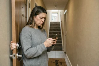 Femme vérifiant le suivi de son colis GLS bloqué sur smartphone devant sa porte d'appartement