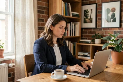 Femme en télétravail à son bureau à domicile, concentrée sur son ordinateur portable dans un espace de travail organisé et chaleureux
