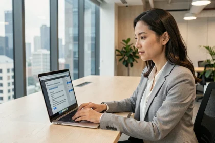 Femme professionnelle utilisant un logiciel de traduction automatique par intelligence artificielle dans un bureau moderne