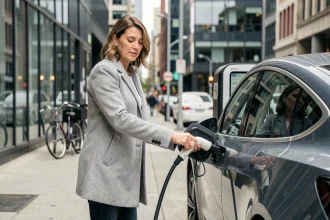Femme branchant sa voiture électrique à une borne de recharge en centre-ville, illustrant la gestion de l'autonomie en milieu urbain