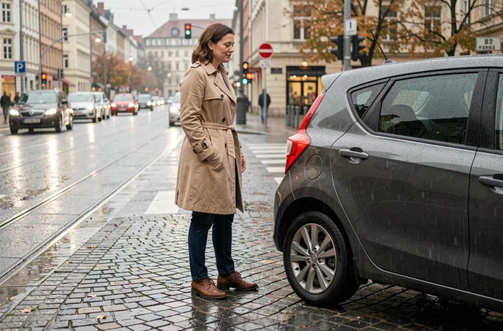 Femme debout près de sa voiture compacte équipée de pneus quatre saisons à un carrefour urbain sous la pluie