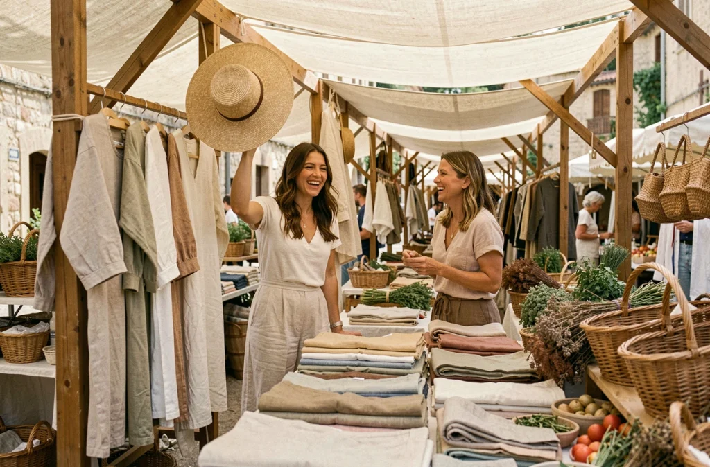Deux femmes en tenues estivales en lin naturel au marché provençal, shopping mode été élégante et décontractée