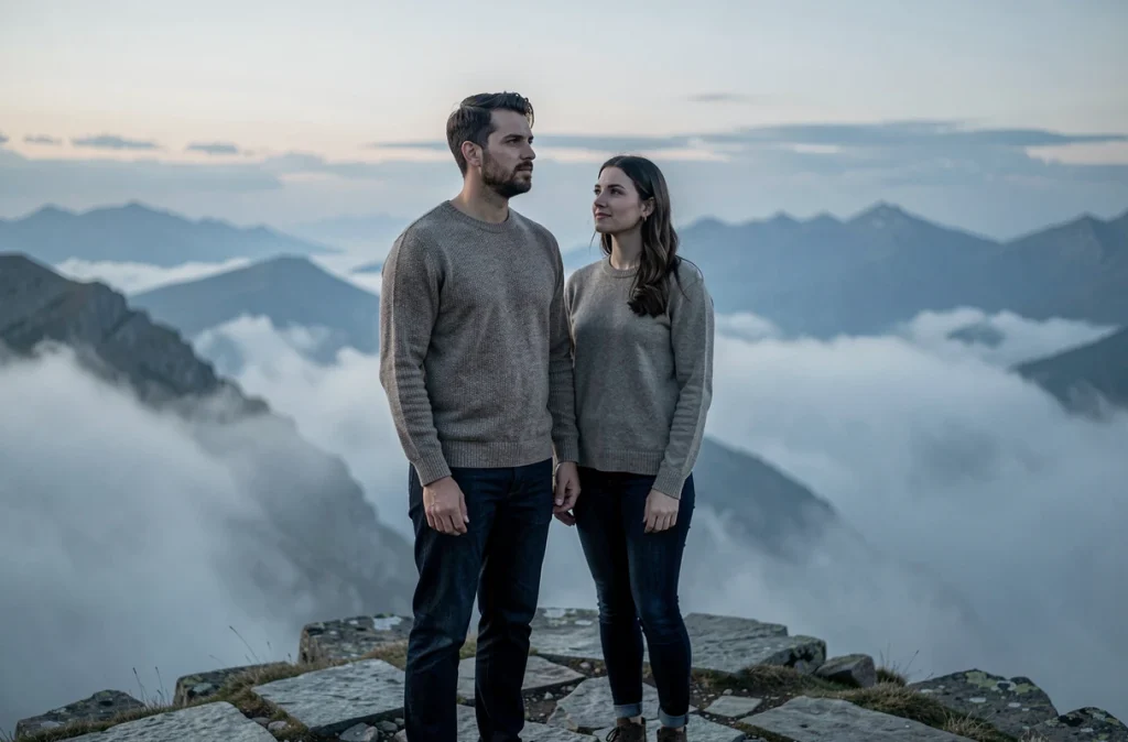 Un homme et une femme contemplant l'horizon depuis une crête montagneuse brumeuse, évoquant la connexion spirituelle entre flammes jumelles