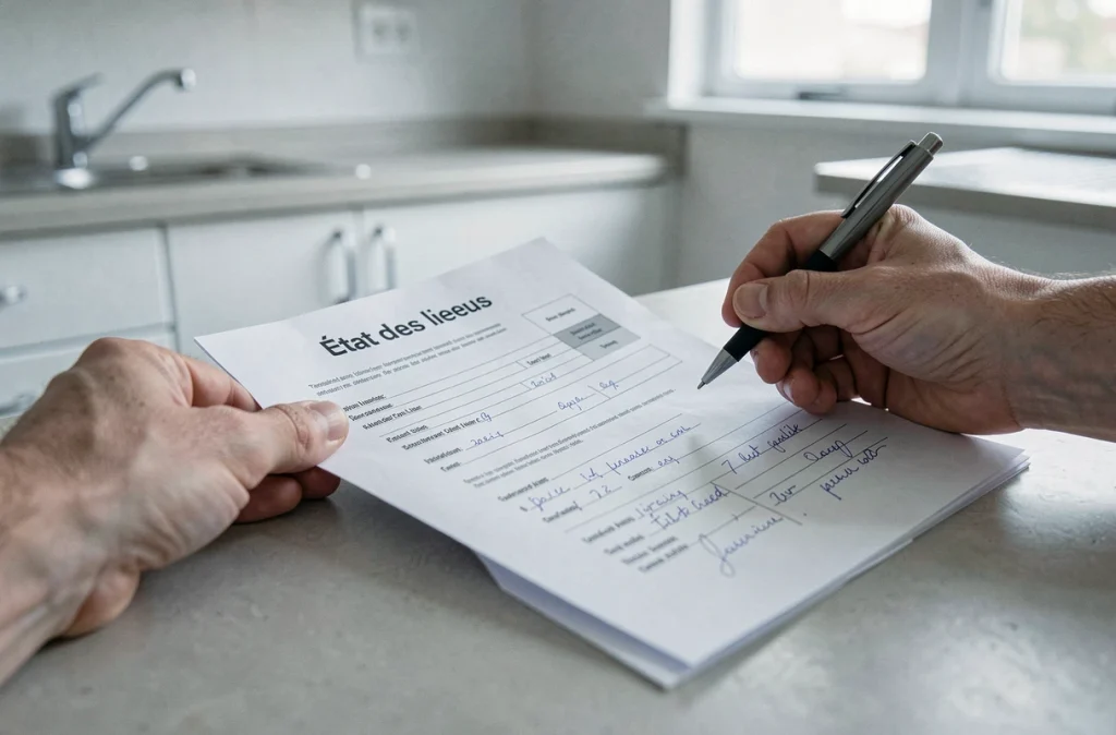 Gros plan sur un formulaire d'état des lieux annoté à la main posé sur un plan de travail de cuisine dans un logement locatif