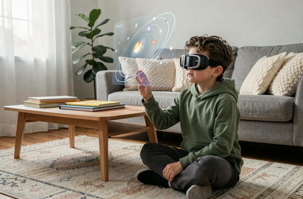 Un garçon portant des lunettes de réalité augmentée interagit avec un système solaire holographique dans un salon familial lors d'une session d'apprentissage