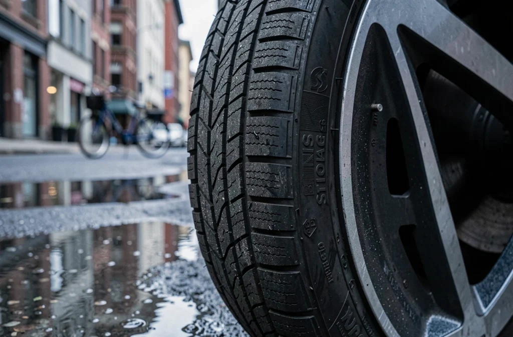 Gros plan sur le profil d'un pneu quatre saisons sur route mouillée en milieu urbain montrant les rainures de drainage