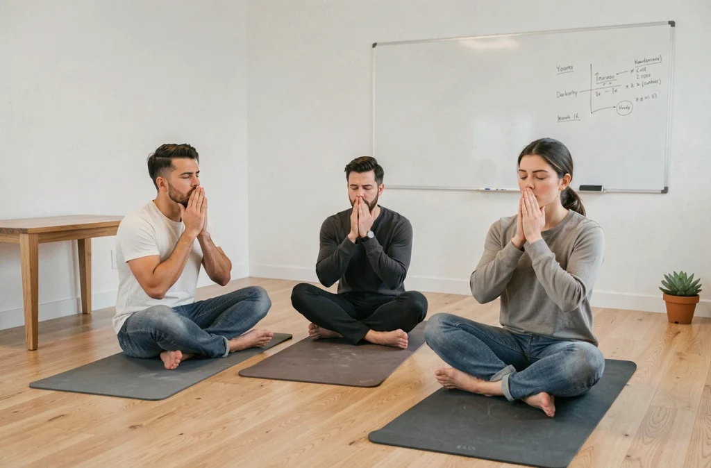 Groupe de collègues pratiquant ensemble des exercices de respiration en salle de réunion pour gérer le stress collectif