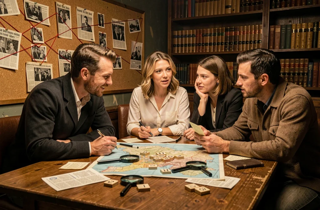 Groupe de joueurs analysant des indices et codes sur une table dans une salle d'escape game thème détective