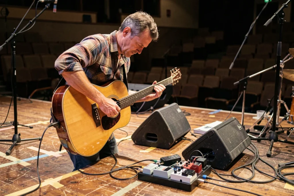 Guitariste branchant sa guitare Atlantic à un boîtier DI sur scène lors d'une balance son avant concert