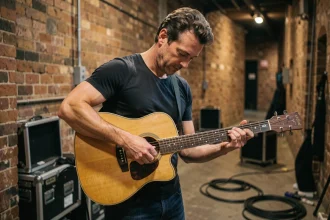 Guitariste réglant les micros de sa guitare Atlantic électro-acoustique en coulisses avant un concert live