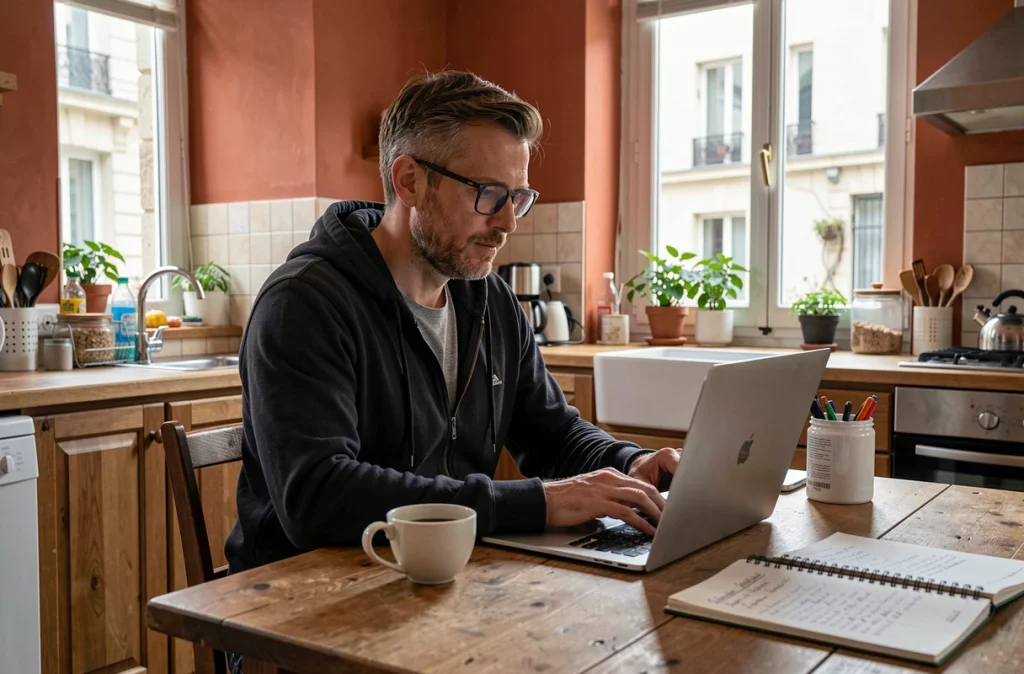 Homme qui consulte les offres Black Friday 2026 sur son ordinateur portable à domicile en France