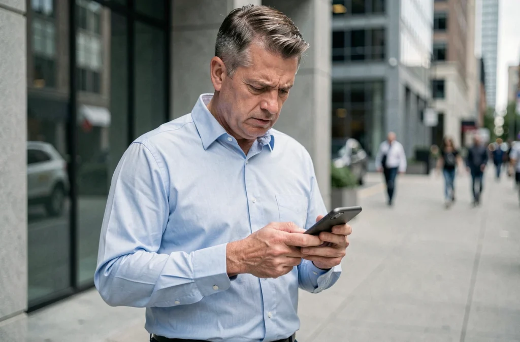 Homme en ville regardant un numéro inconnu sur son téléphone avec méfiance