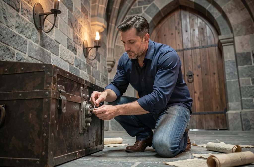 Homme manipulant un cadenas à combinaison sur un coffre en fer dans un décor de donjon d'escape game