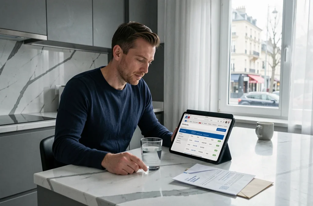 Homme consultant son calendrier de mensualisation fiscale sur une tablette dans une cuisine moderne