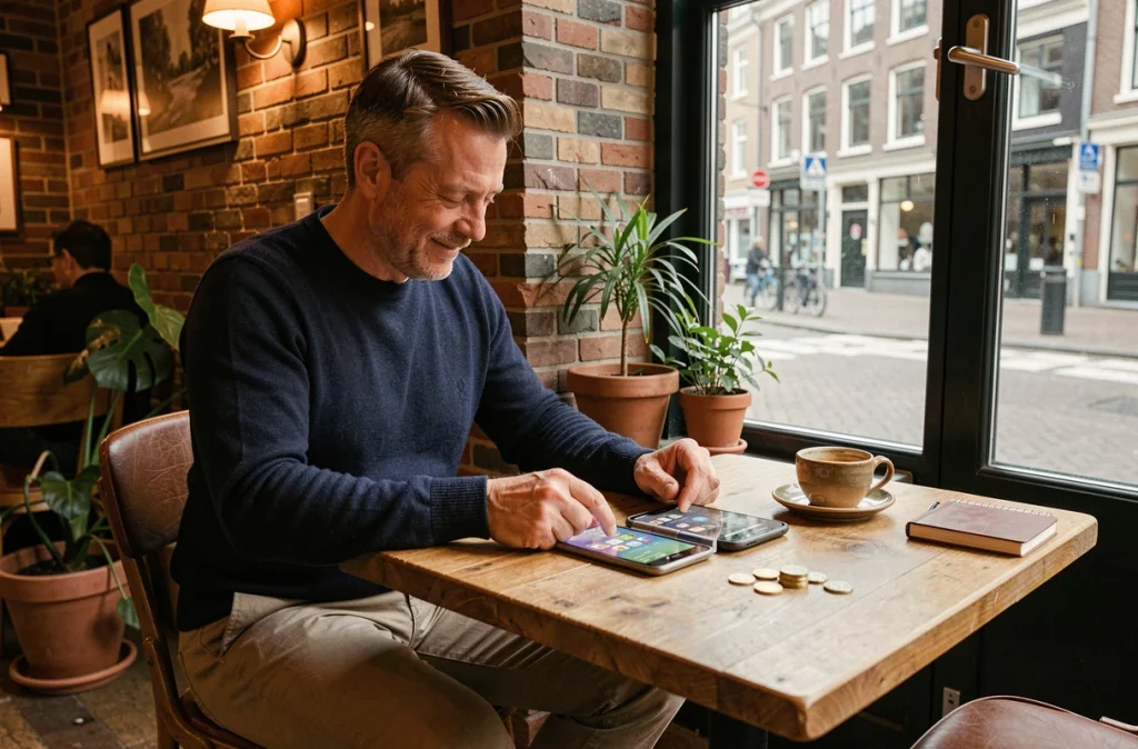 Homme comparant deux smartphones pliables dans un café d'Amsterdam avec des détails urbains européens