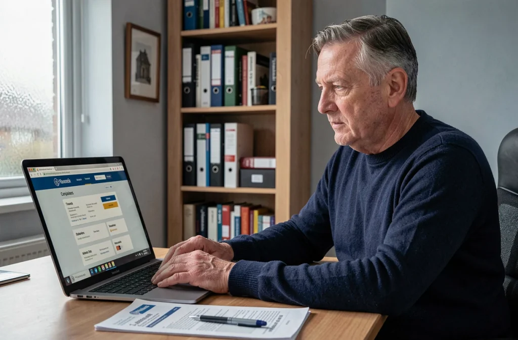 Homme consultant un comparateur d'assurance habitation en ligne depuis son bureau à domicile
