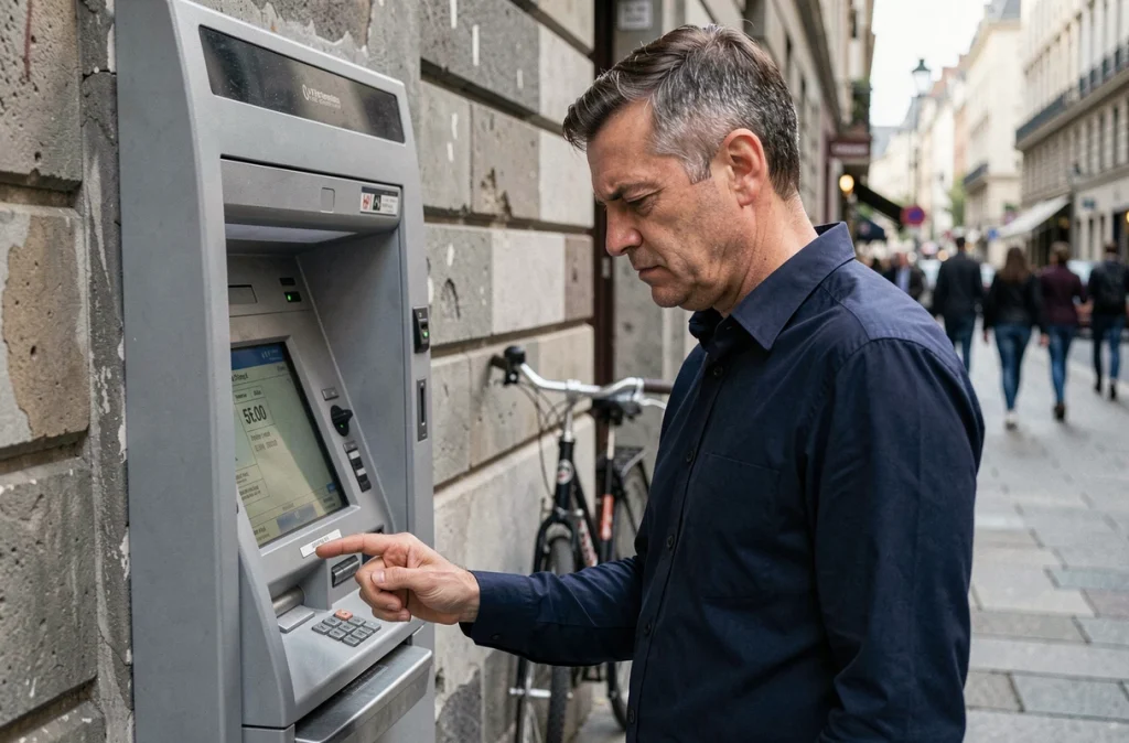Homme vérifiant les frais d'un distributeur automatique de billets dans une rue urbaine européenne