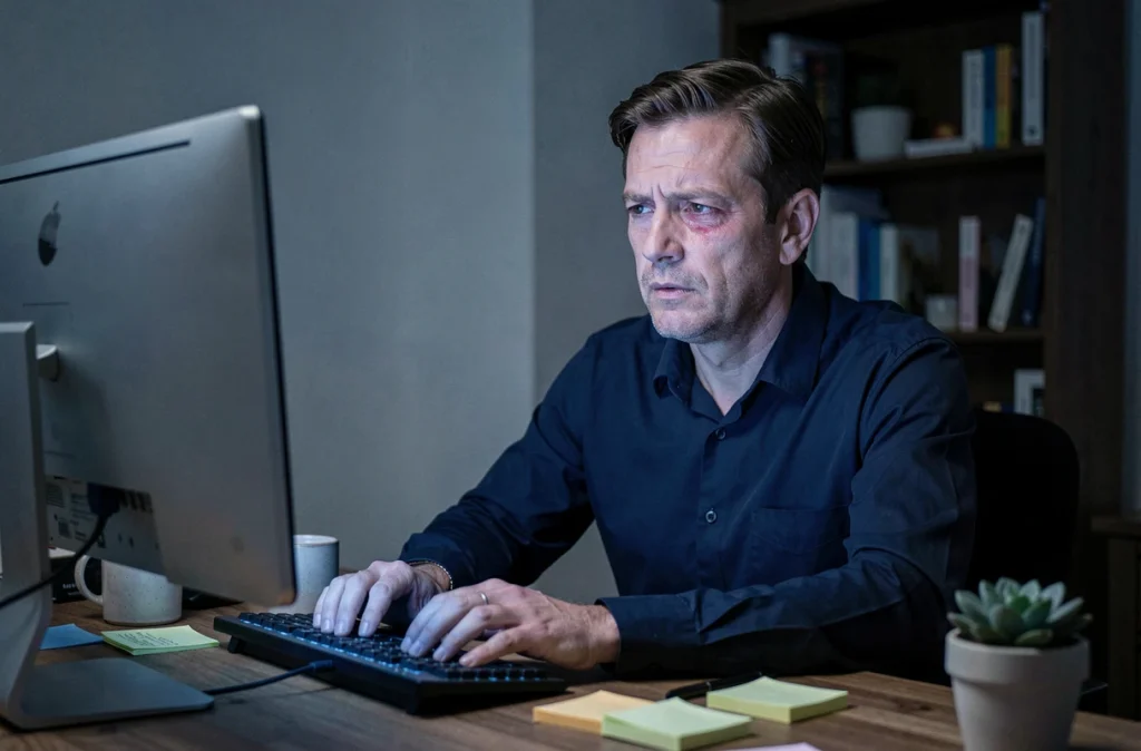 Homme d'une quarantaine d'années travaillant tard sur ordinateur, exposé à la lumière bleue des écrans nuisant à la qualité du sommeil