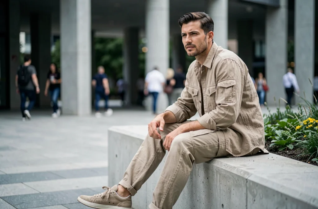 Homme en pantalon cargo beige et chemise lin assis dans un espace urbain moderne