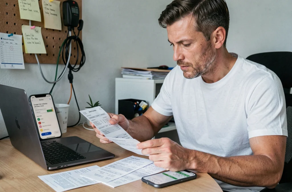 Homme comparant des reçus de courses avec une application gratuite de budget sur son smartphone dans un bureau à domicile