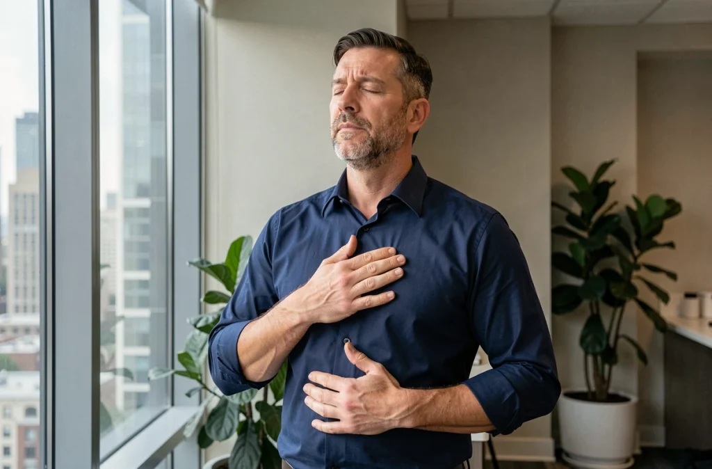 Homme en pause au bureau pratiquant la respiration abdominale contre la fenêtre pour réduire le stress professionnel