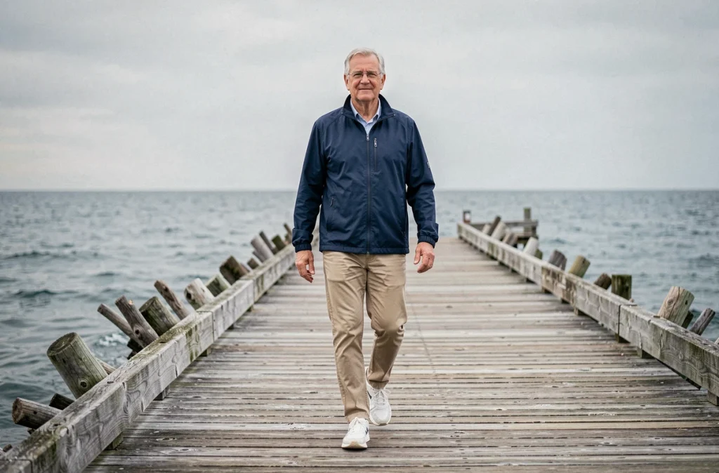 Homme senior marchant seul sur une promenade en bois au bord de la mer, activité physique régulière bénéfique pour le cœur et la santé cardiovasculaire