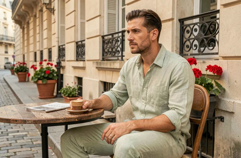 Homme en tenue lin estivale élégante assis en terrasse de café parisien, pantalon et chemise lin vert sauge