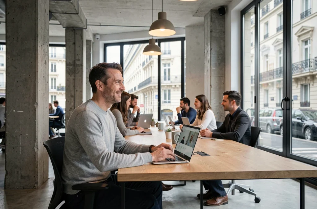 Homme en visioconférence dans un espace de coworking parisien, illustrant la nouvelle organisation hybride du travail en entreprise